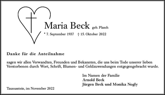 Traueranzeige von Maria Beck von vrm-trauer WK-UTA