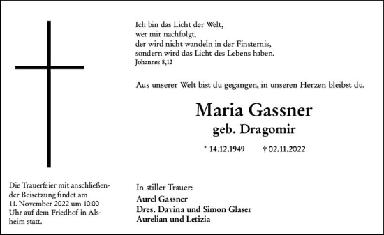 Traueranzeige von Maria Gassner von vrm-trauer Wormser Zeitung