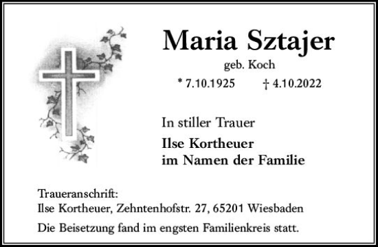 Traueranzeige von Maria Sztajer von vrm-trauer Wiesbadener Kurier