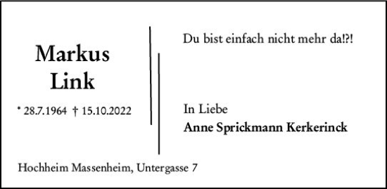 Traueranzeige von Markus Link von vrm-trauer Hochheimer Zeitung