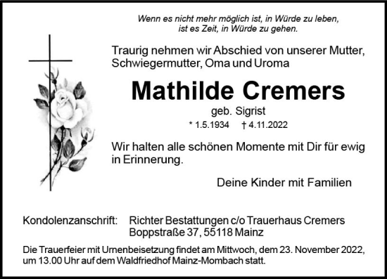 Traueranzeige von Mathilde Cremers von vrm-trauer AZ Mainz