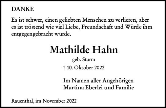 Traueranzeige von Mathilde Hahn von vrm-trauer Wiesbadener Kurier