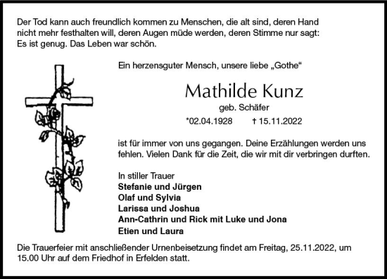 Traueranzeige von Mathilde Kunz von vrm-trauer Groß-Gerauer Echo