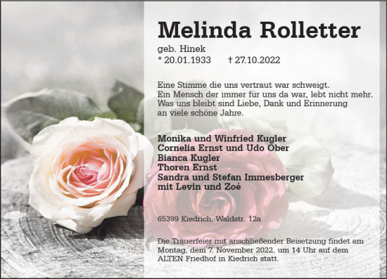 Traueranzeige von Melinda Rolletter von vrm-trauer Rheingau