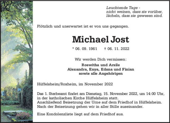 Traueranzeige von Michael Jost von vrm-trauer Allg. Zeitung Bad Kreuznach