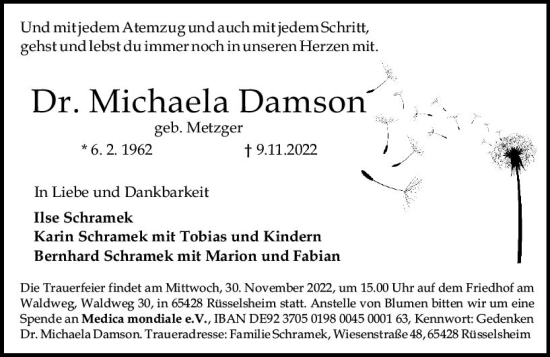 Traueranzeige von Michaela Damson von vrm-trauer Rüsselsheimer Echo / MainSpitze
