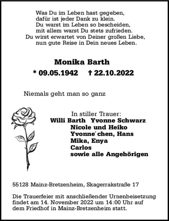 Traueranzeige von Monika Barth von vrm-trauer AZ Mainz