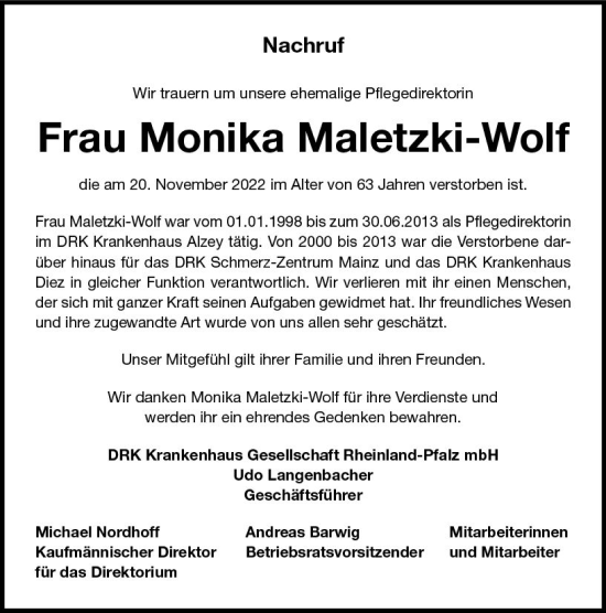 Traueranzeige von Monika Maletzki-Wolf von vrm-trauer Allgemeine Zeitung Alzey