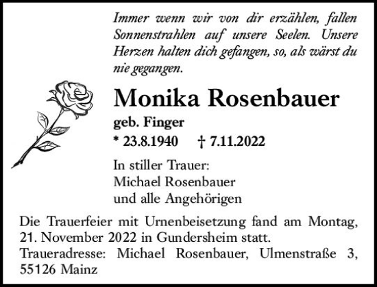 Traueranzeige von Monika Rosenbauer von vrm-trauer AZ Mainz