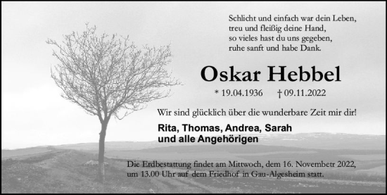 Traueranzeige von Oskar Hebbel von vrm-trauer Allgemeine  Zeitung Ingelheim-Bingen