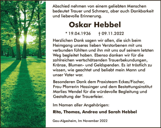 Traueranzeige von Oskar Hebbel von vrm-trauer Allgemeine  Zeitung Ingelheim-Bingen