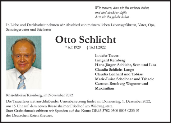 Traueranzeige von Otto Schlicht von vrm-trauer Rüsselsheimer Echo / MainSpitze