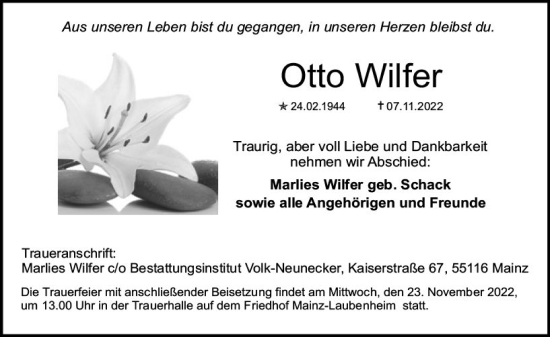 Traueranzeige von Otto Wilfer von vrm-trauer AZ Mainz