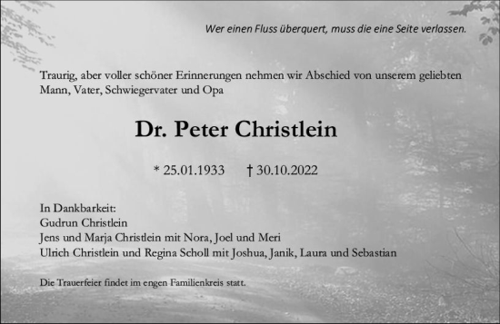Traueranzeige von Peter Christlein von vrm-trauer Wiesbadener Kurier