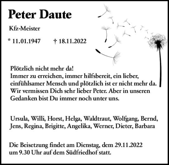 Traueranzeige von Peter Daute von vrm-trauer Wiesbadener Kurier