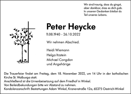 Traueranzeige von Peter Heycke von vrm-trauer Rheingau