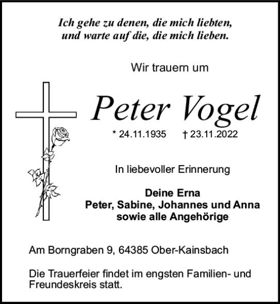 Traueranzeige von Peter Vogel von vrm-trauer Odenwälder Echo