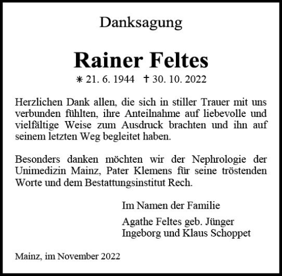 Traueranzeige von Rainer Feites von vrm-trauer AZ Mainz