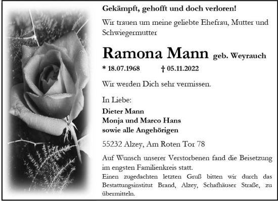 Traueranzeige von Ramona MAnn von vrm-trauer Allgemeine Zeitung Alzey