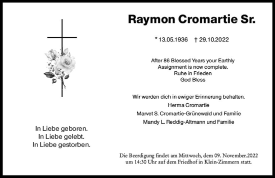 Traueranzeige von Raymon Cromartie von vrm-trauer Groß-Gerauer Echo