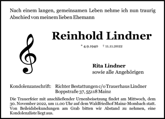 Traueranzeige von Reinhold Lindner von vrm-trauer AZ Mainz