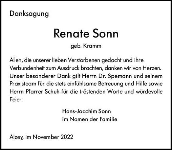 Traueranzeige von Renate Sonn von vrm-trauer Allgemeine Zeitung Alzey