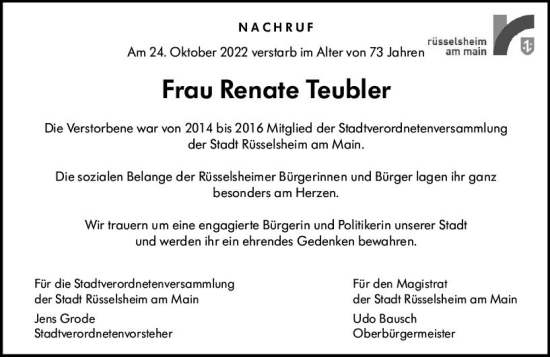 Traueranzeige von Renate Teubler von vrm-trauer Rüsselsheimer Echo / MainSpitze