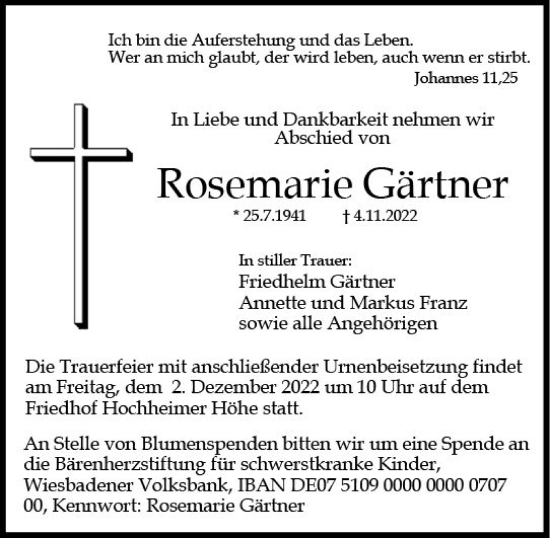 Traueranzeige von Rosemarie Gärtner von vrm-trauer Wormser Zeitung