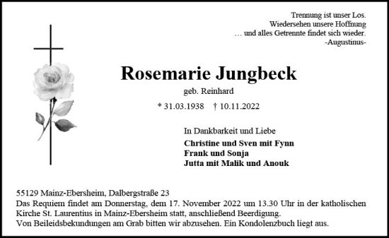 Traueranzeige von Rosemarie Jungheck von vrm-trauer AZ Mainz
