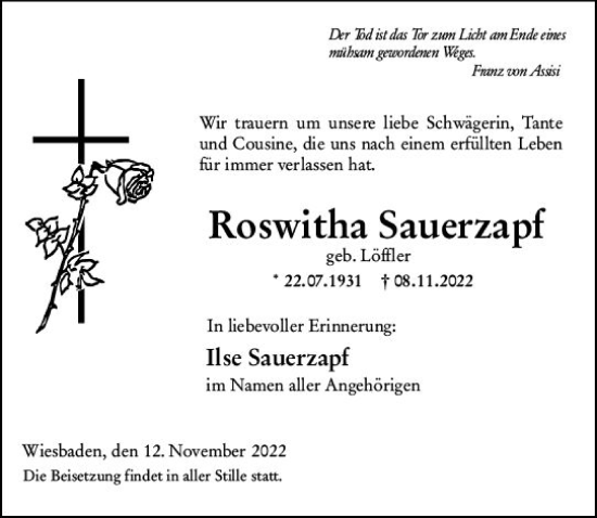 Traueranzeige von Roswitha Sauerzapf von vrm-trauer Wiesbadener Kurier