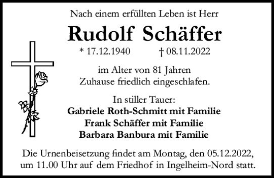 Traueranzeige von Rudolf Schäffer von vrm-trauer Allgemeine  Zeitung Ingelheim-Bingen