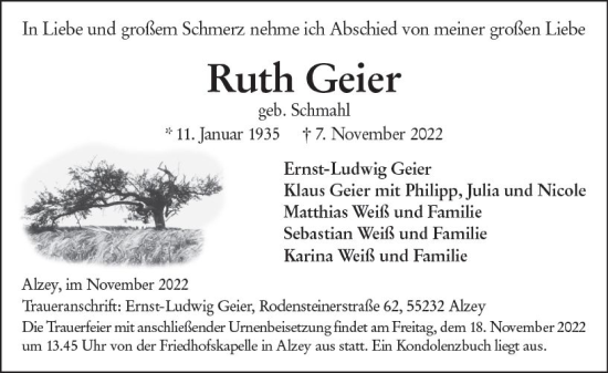 Traueranzeige von Ruth Geier von vrm-trauer Allgemeine Zeitung Alzey