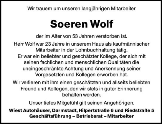 Traueranzeige von Soeren Wolf von vrm-trauer Darmstädter Echo