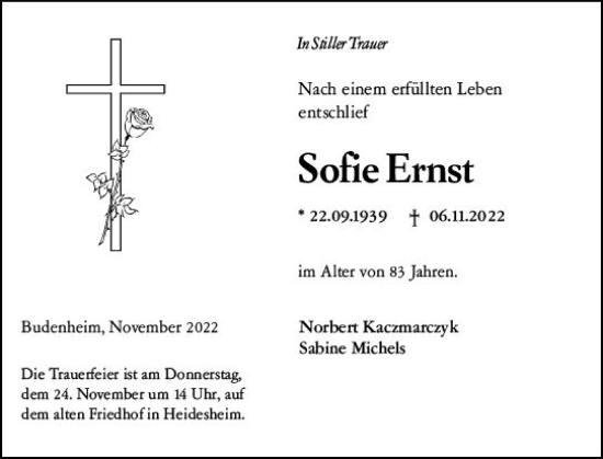 Traueranzeige von Sofie Ernst von vrm-trauer Allgemeine  Zeitung Ingelheim-Bingen
