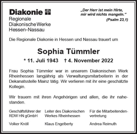 Traueranzeige von Sophia Tümmler von vrm-trauer AZ Mainz