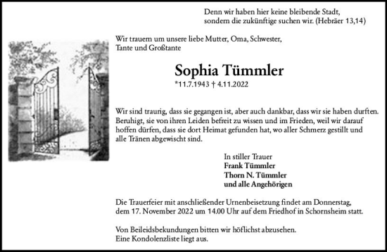 Traueranzeige von Sophia Tümmler von vrm-trauer Allgemeine Zeitung Alzey