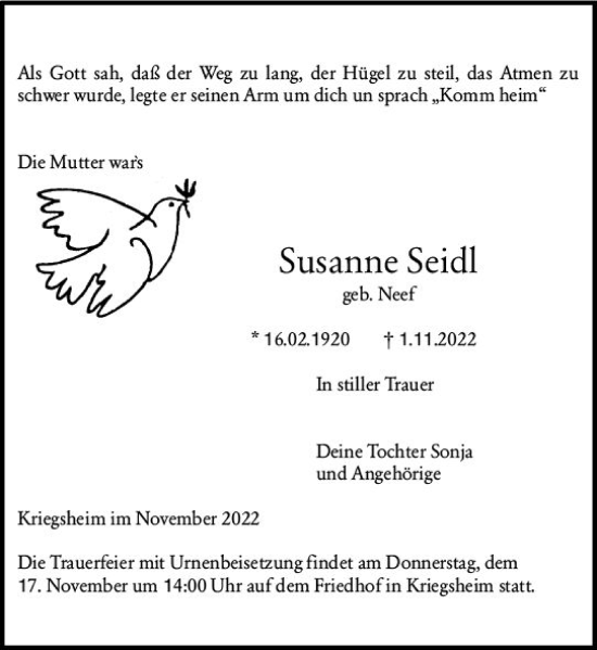 Traueranzeige von Susanne Seidl von vrm-trauer Wormser Zeitung