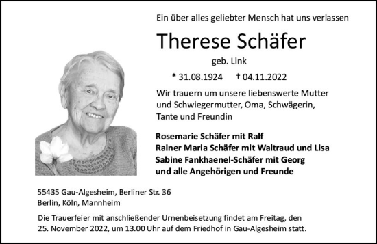 Traueranzeige von Therese Schäfer von vrm-trauer Allgemeine  Zeitung Ingelheim-Bingen