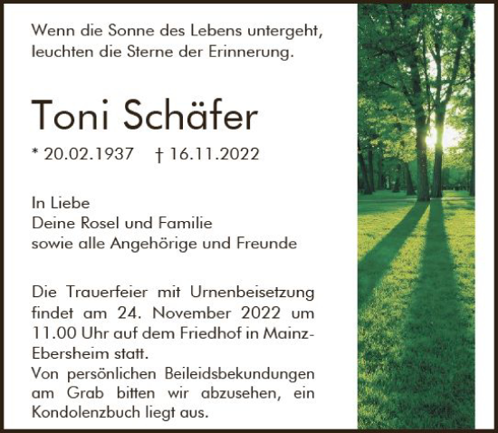 Traueranzeige von Toni Schäfer von vrm-trauer AZ Mainz