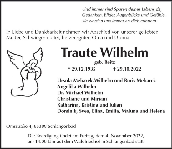 Traueranzeige von Traute Wilhelm von vrm-trauer Wiesbadener Kurier