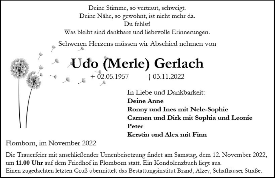 Traueranzeige von Udo Gerlach von vrm-trauer Allgemeine Zeitung Alzey