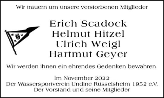 Traueranzeige von Ulrich Weigl von vrm-trauer Rüsselsheimer Echo / MainSpitze