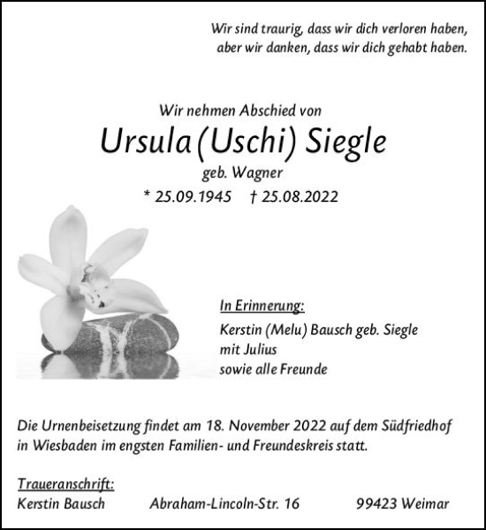 Traueranzeige von Ursula  Siegle von vrm-trauer Wiesbadener Kurier