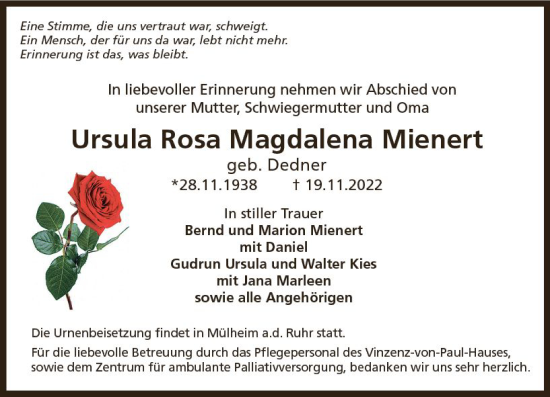 Traueranzeige von Ursula Rosa Magdalena Mienert von vrm-trauer Idsteiner Zeitung