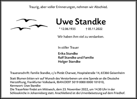 Traueranzeige von Uwe Standke von vrm-trauer Wiesbadener Kurier