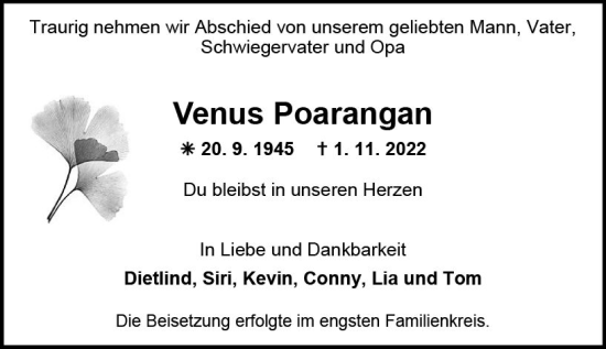 Traueranzeige von Venus Poarangan von vrm-trauer AZ Mainz