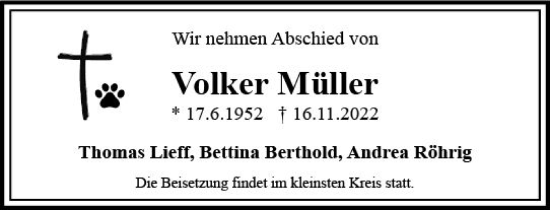 Traueranzeige von Volker Müller von vrm-trauer Wiesbadener Kurier