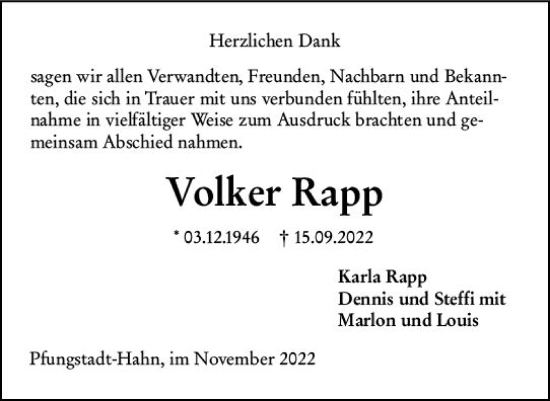Traueranzeige von Volker Rapp von vrm-trauer Darmstädter Echo