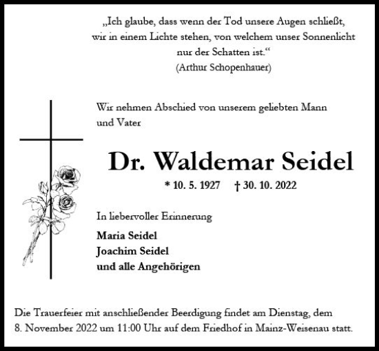 Traueranzeige von Waldemar Seidel von vrm-trauer AZ Mainz