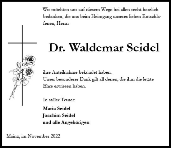 Traueranzeige von Waldemar Seidel von vrm-trauer AZ Mainz